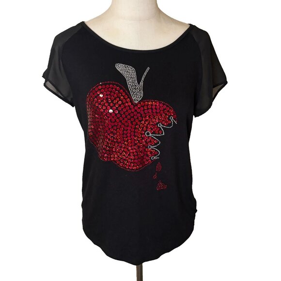 Disney Couture Womens Black Short-Sleeve Sequin Shirt Red Apple Lace Medium #119 - Picture 1 of 9